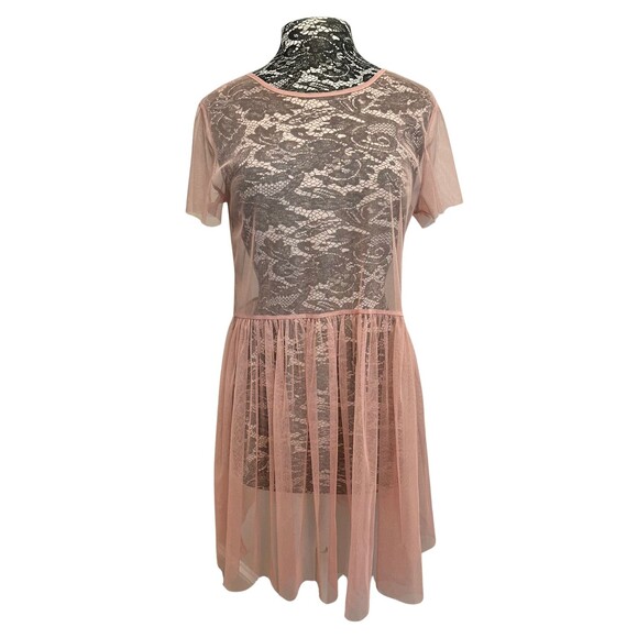 Forever 21 Sheer Mesh Dress Babydoll Layering Blush Pink Short Sleeve Pleated L - Picture 2 of 12